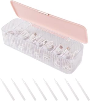 Plastic Cable Management Box with 8 Wire Ties,Clear Power Cord Organizer with 8 Compartments,Electronics Organizer for Office,Home Use,Desk Accessories Storage for Stationery Supplies (Pink)