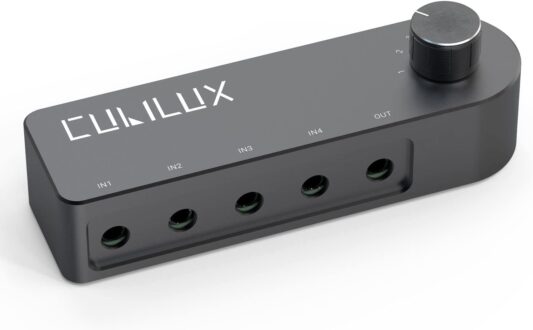 Cubilux Bidirectional 3.5mm Audio Switcher (1-in to 4-Out / 4-in to 1-Out), Stereo 1/8” Aux Selector Box for Speaker Headphones/Earphones, Audio Switch for Laptop Computer Smartphone Tablet