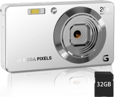 Digital Camera, 4K Ultra HD Cameras for Photography, Digital Point and Shoot Camera with 56Mp Autofocus 20X Zoom Anti Shake, Video Camera with 32GB SD Card for Adults, Teens, Beginners(Silver)