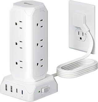 Power Strip Tower, SUPERDANNY 12 Outlets with 35W USB(2 USB-A & 2 USB-C) Charging Station, 1625W/13A, 1700J Surge Protector, 6.5ft Flat Plug Extension Cord with Multiple Outlets for Home, Office, Dorm