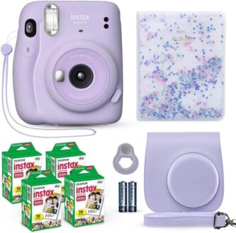 Fujifilm Instax Mini 11 Instant Camera Lilac Purple + Fuji Film Value Pack (40 Sheets) + Shutter Accessories Bundle, Incl. Compatible Carrying Case, Quicksand Beads Photo Album 64 Pockets