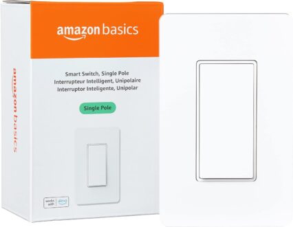 Amazon Basics Single Pole Smart Switch, Neutral Wire Required, 2.4 Ghz WiFi, Works with Alexa, White, 4.65 x 2.91 x 1.74 in