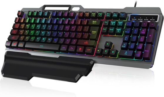 cimetech Wired Gaming Keyboard, Rainbow LED Backlit Anti-ghosting Computer Keyboard with Wrist Rest, Spill-Resistant Design, Multimedia Keys, Quiet Ergonomic Keyboard for Windows Laptop PC Mac