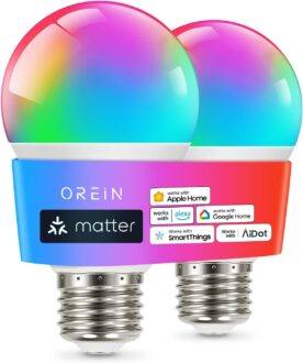 OREiN Matter Smart Light Bulbs, Work with Alexa/Google Home/Apple Home/SmartThings, A19 Color Changing Light Bulbs, Music Sync Light Bulb 2.4Ghz WiFi only, 800 Lumens Equivalent 60W 2Pack