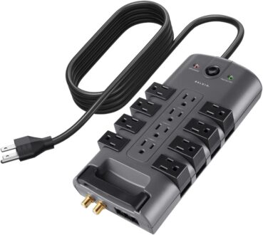Belkin Surge Protector Power Strip w/ 8 Rotating & 4 Standard Outlets – 8ft Sturdy Extension Cord w/ Flat Pivot Plug for Home, Office, Travel, Desktop & Charging Brick – 4320 Joules of Protection
