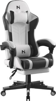 HLDIRECT Gaming Chair, Video Game Chair, Gamer Computer Chair, Ergonomic Gaming Chairs for Adults with Headrest and Lumbar Support, Swivel PU Leather Office Chair, Black & White