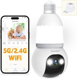 4MP Light Bulb Security Camera 5G&2.4GHz Wireless Outdoor Indoor Camera with Night Vision, Motion Detection, 360° Remote Viewing, and Real-Time Alerts for Home Safety with Alexa& Google Home