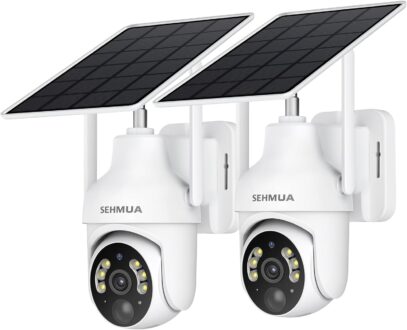 SEHMUA 2K Solar Security Cameras Wireless Outdoor, 2 Pack 360° View Pan/Tilt WiFi Security Camera Outside with Color Night Vision,Easy to Install, PIR Alarm, 2-Way Audio, Cloud/SD Storage