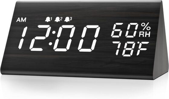 Digital Alarm Clock, with Wooden Electronic LED Time Display, 3 Alarm Settings, Humidity & Temperature Detect, Wood Made Electric Clocks for Bedroom, Bedside (Black)