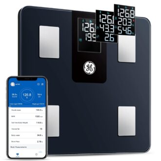 GE Smart Scale for Body Weight and Fat Percentage with All-in-one LCD Display, Digital Bathroom Weight Scales Bluetooth Rechargeable Body Fat Scale, Accurate Weighing Scale, 396 lbs