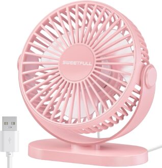 SWEETFULL USB Desk Fan Small Quiet – 3 Speeds Mini Personal Portable Fan 360° Rotation Adjustable, 5 Inch Office Table Cooling Gadgets on Desktop (Pink)