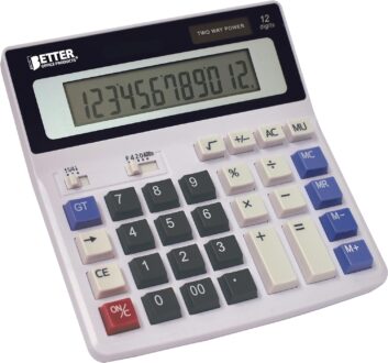 Better Office Products Extra Large Electronic Desktop Calculator, 12-Digit LCD Display, Angled Display Panel, 4 Function Memory Keys, Light Gray, Dual Power with Included AA Battery Power