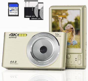 Digital Camera FHD 4K 44MP with 64GB SD Card 16X Digital Zoom Digital Camera FHD 1080P Compact Portable Small Point Shoot 1080P Camera Vintage Camera Gifts for Teens Boys Girls (Cream)