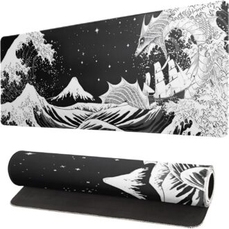 Black and White Japanese Wave Dragon Gaming Mouse Pad – Abstract Mat with Non-Slip Rubber Base, 31.5×11.8 Inch, Stitched Edges – Desk Pad for Office and Home