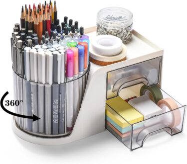 Rotating Desk Organizer with 2 Drawer, Pencil Pen Holder for Desk, Desk Organizers and Accessories with 4 Compartments + Drawer for Office Home Art Supplies (White)
