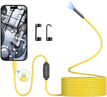 DEPSTECH Endoscope Camera with Lights, 7mm Slim Probe Borescope Inspection Camera with Bluart 3.0 Tech, 16.4ft Semi-Rigid Cable, IP67 Waterproof Snake Camera for IOS 12.0+ Device,Gadget for Men-Yellow