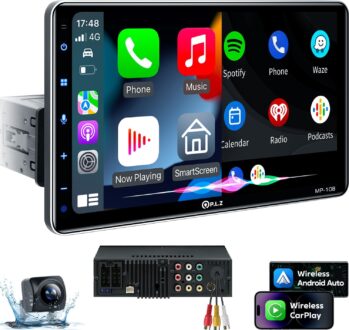 PLZ 10.1″ Wireless Single Din Car Radio Stereo with Apple Carplay Android Auto Touch Screen, Car Play Audio Receivers Head Unit, Bluetooth 5.3, Backup Camera, 240W 4.2 CHN, 2 Subwoofers, FM/AM, SWC