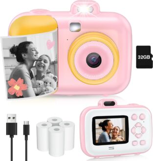Instant Print Digital Camera, Kids Camera with 32GB Card, Christmas Birthday Gifts for Kids Age 3-12, FHD 1080P Video Camera for Toddler, Portable Camera Toy for 4 5 6 7 8 9 10 Years Boys Girls Pink