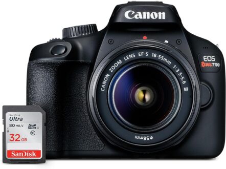 Canon EOS Rebel T100 DSLR Camera with EF-S 18-55mm f/3.5-5.6 III Lens, 18MP APS-C CMOS Sensor, Built-in Wi-Fi, Optical Viewfinder, Impressive Images & Full HD Videos, Includes 32GB SD Card
