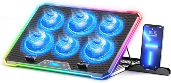 RGB Cooling Pad Gaming Laptop Cooler, Laptop Fan Cooling Stand with 6 Quiet for 15.6-17.3 inch laptops, 9 Height Stand, LED Lights & LCD Screen, 2 USB Ports, Lap Desk Use
