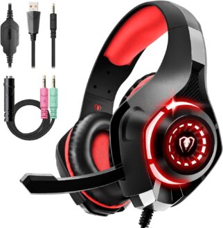 Gaming Headset for PS4 PS5 Xbox One Switch PC with Noise Canceling Mic, Deep Bass Stereo Sound (Black Red)-1