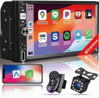 7” Wireless Works with Apple Carplay Double Din Car Stereo,FM Car Radio,Car Bluetooth,IPS 1024 * 600 Touchscreen, Car Backup Camera, Steering Wheel Controls, Car Navigation,Type-c,USB,TF