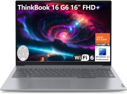 Lenovo ThinkBook 16 G6 16″ FHD+ Laptop Computer, Hexa-Core AMD Ryzen 5 7530U (Beat i7-1355U), 16GB DDR4 RAM, 512GB PCIe SSD, WiFi 6, Bluetooth 5.3, Fingerprint Reader, Windows 11 Pro, AZ-XUT