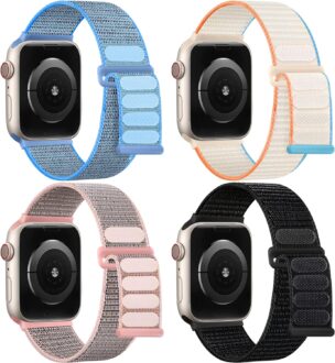 Nylon Loop Bands Compatible with Apple Watch Band 38mm 40mm 41mm 42mm 44mm 45mm 49mm Women Men, Soft Breathable Sport Braided Straps for iWatch Bands Series Ultra 2/Ultra SE 9 8 7 6 5 4 3 2 1,4Pack