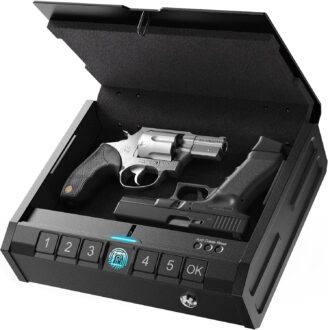 ONNAIS Biometric Gun Safe for Pistols,Handgun, Quick-Access Firearm Safety Device with Fingerprint Lock or Key Pad, Gun Lock Box for Home Bedside Nightstand Car