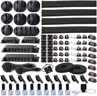 311Pcs Cable Management Organizer Kit 4 Cable Sleeve Split,53Cable Clips 12Cord Clips Holder,22 Cable Ties, 20 Adhesive Wall Cable Tie, 200Fasten Cable Ties for TV Office Home Electronics