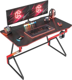 CubiCubi Simple Gaming Desk Z Shaped 40 inch Gamer Workstation, Home Computer Carbon Fiber Surface Gaming Desk PC Table with Headphone Hook