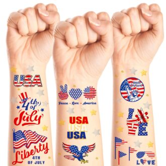 188 PCS Temporary Tattoo Set, 4th of July Waterproof Face and Body Stickers, Patriotic Parade Accessories, Fourth of July Long Lasting Temporary Tattoo Stickers, Independence Day Party Supplies
