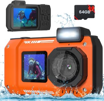 33FT Underwater Camera 4K 65MP Waterproof Camera Rugged Dustproof Shockproof, Autofocus Selfie Dual-Screen Underwater Camera for Snorkeling Diving Sport Floatable Digital Camera with 64GB Card(Orange)