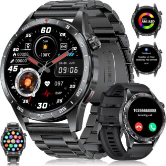Smart Watch for Men (3 Straps) Answer/Make Calls,1.43” AMOLED Always-on Display,110+ Sports Modes Fitness Watch with Sleep Monitor/SpO2/Heart Rate/Pedometer IP68 Waterproof Rugged Smartwatch Black