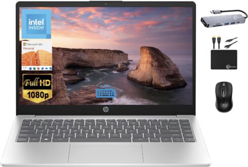HP 2024 Essential Laptop, 14″ FHD IPS Display, Quad-Core Intel Processor Upto 3.7GHz, 8GB Memory, 256GB SSD, Backlit KB, Webcam WiFi 6, Fast Charge, Office 365 1-Year, Win 11S+MarxsolAccessory Silver