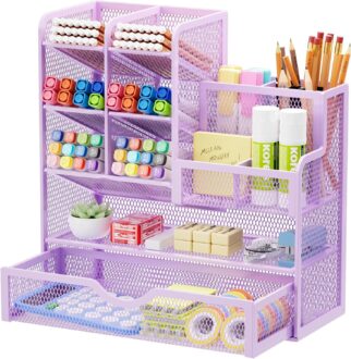 Marbrasse Mesh Pen Holder for Desk, Desk Organizer with Drawer, Multi-Functional Pencil Organizer, Desk Organizers and Accessories for Office Art Supplies (Purple)