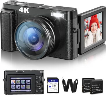 4K Digital Camera for Photography and Video, 48MP Vlogging Camera with SD Card Autofocus Anti-Shake, 3” 180° Flip Screen Digital Camera with Flash 16X Zoom, Compact Camera for Travel (2 Batteries)
