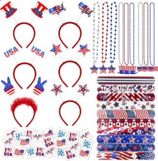 4th of July Accessories Patriotic Party Favors Supplies – 6 Headbands, 9 Necklaces, 20 Slap Bracelet and 20 Temporary Tattoos for Fourth of July Party Decorations, Independence Day, Memorial Day