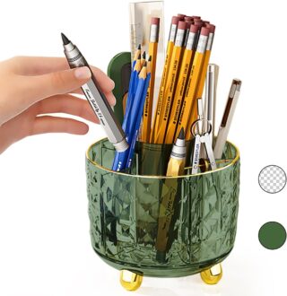 Dark Green Pen Pencil Holder for Desk, 360° Rotating Pen Organizer, Green Office Supplies, Cute Pen Holder, 6-Compartment Pencil Holder Rotating