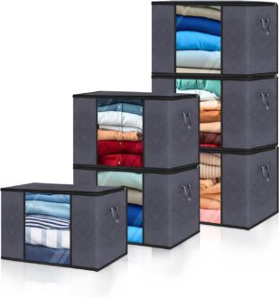 Clothes Storage Bags, Closet Organizers and Storage Containers for Clothes, Bedding & Blankets, Foldable Bedroom Organization Solution with Window, Handles & Zippers – 6 Pack,Grey