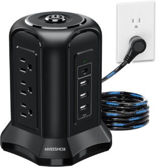 NVEESHOX Power Strip Surge Protector Tower- 9 AC Multiple Outlets with 4 USB Ports (1 USB C),10 Ft Long Heavy Duty Extension Cord,Flat Plug Charging Station with Overload Protection for Home Office