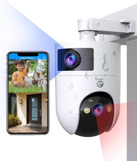 JOOAN 5G Dual Lens Security Camera, 2K+2K PTZ Outdoor Camera Wireless, 2 Camera in 1 Device Dual Screen, 360° Cameras for Home Security 2 Way Audio IP65 Waterproof Motion Detection Auto Tracking Alert
