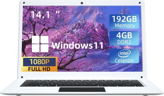 Windows 11 Laptop 14 Inch, Intel Celeron Quad-core,4GB RAM,192GB Storage(64GB eMMC+128GB SSD),BT4.2,Ultra Slim Lightweight Notebook,Work Study Laptop Computers (White), LeadBook T1