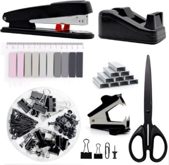 Black Office Supplies,UPIHO Black Desk Accessories,Stapler and Tape Dispenser Set for with Large Stapler,Tape Dispenser, Staple Remover, Staples, Clips,Scissor and Tabs,Gifts for Office Clerks