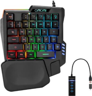 CHONCHOW One Handed Gaming Keyboard Rainbow LED Light Up, 35 Keys Protable Mini Single Hand Keyboard with Wrist Rest, Ergonomic Wired One Hand Keyboard for Xbox PS4 PS5 PC Laptop with USB Hub