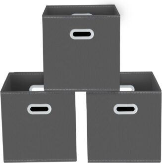 Yunkeeeper storage bins Cubes, Fabric Cube Organizer with Handle, Foldable Cube Bins for Cloth or Accessary Storage, 11x11x11, Set of 3,(Gray)