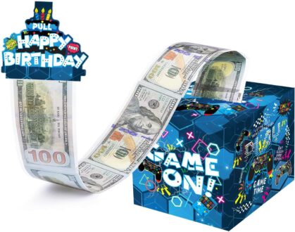 Mpanwen Blue Video Game Birthday Money Gift Box for Cash Gift, DIY Surprise Gamer Gaming Money Box with Pull Out Card and 30Pcs Transparent Bags for Kids Boys Girls Birthday Party