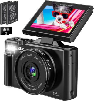 4K Digital Camera for Photography, 64MP Vlogging Camera for YouTube with 18X Zoom, Auto-Focus 4K Video Camera with 32GB SD Card, 3.0 inch Flip Screen Compact Camera with 2 Batteries