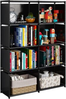 JIUYOTREE 5-Tiers Portable Bookshelf with Fabric Cloth at Back, 8 Cube Closet Storage Organizer Bookcase, Living Room,Study Room,Bedroom, Black