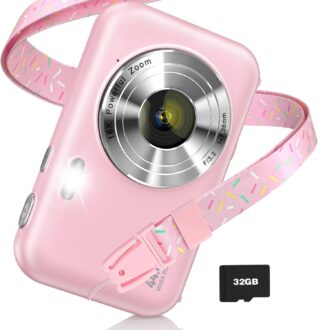 Digital Camera, FHD 1080P Kids Camera with Neck Lanyard 32GB Card Battery, Anti-Shake 16X Digital Zoom, 44MP Point Shoot Cameras, Compact Portable Small Gift Camera for Kid Teen Student Girl Boy(Pink)